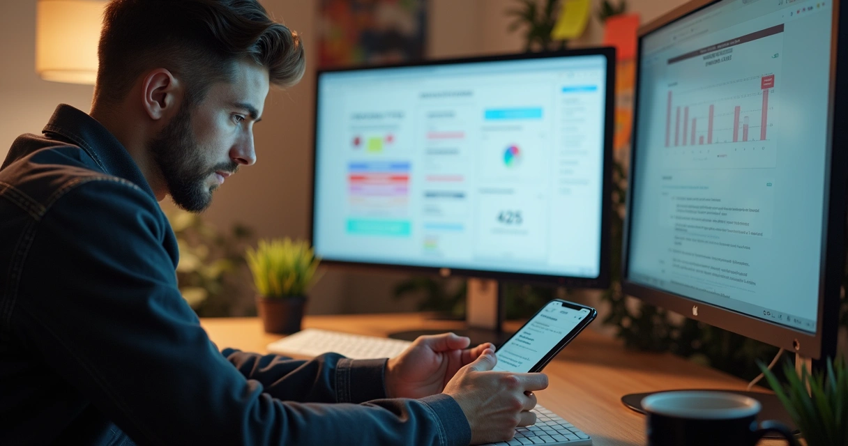 Técnico atualizando aplicativo mobile em ambiente de trabalho 