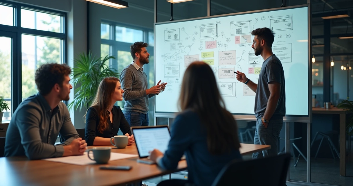Equipe em brainstorming para desenvolvimento de startup 