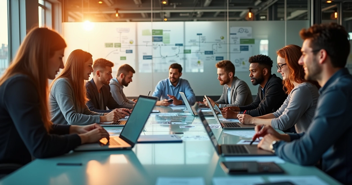 Equipe reunida em mesa desenvolvendo projeto de tecnologia 