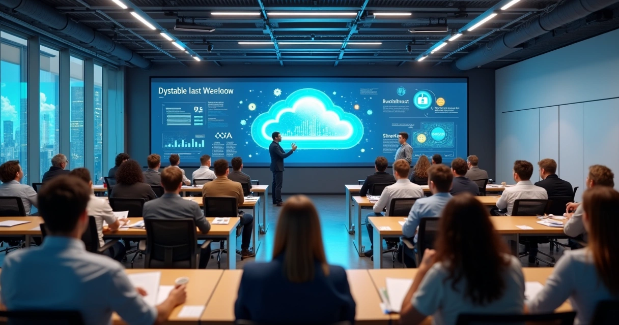 Treinamento de equipe com apresentação digital destacando colaboração 