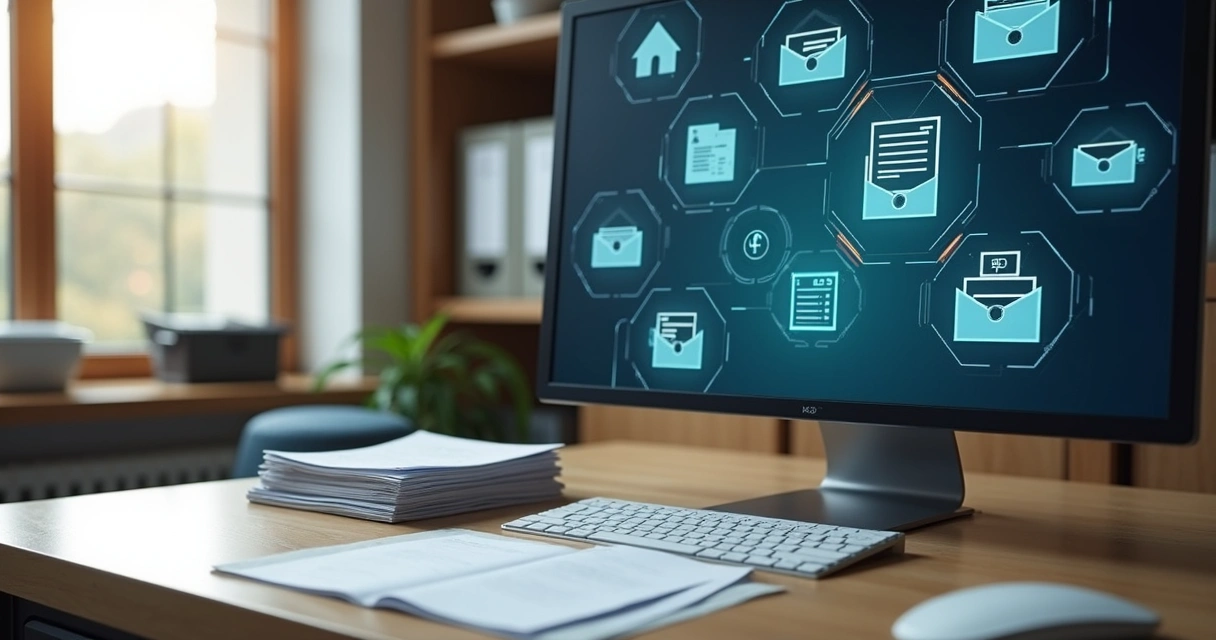 Mesa organizada com papéis digitalizados e monitor exibindo pastas virtuais 