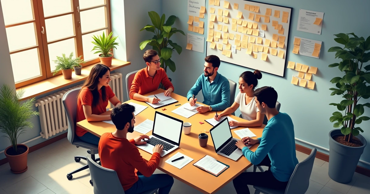 Equipe de startup reunida em volta de uma mesa com laptops discutindo estratégias 