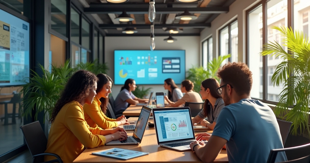 Vista de um centro de tecnologia em Curitiba, com pessoas trabalhando em computadores modernos 