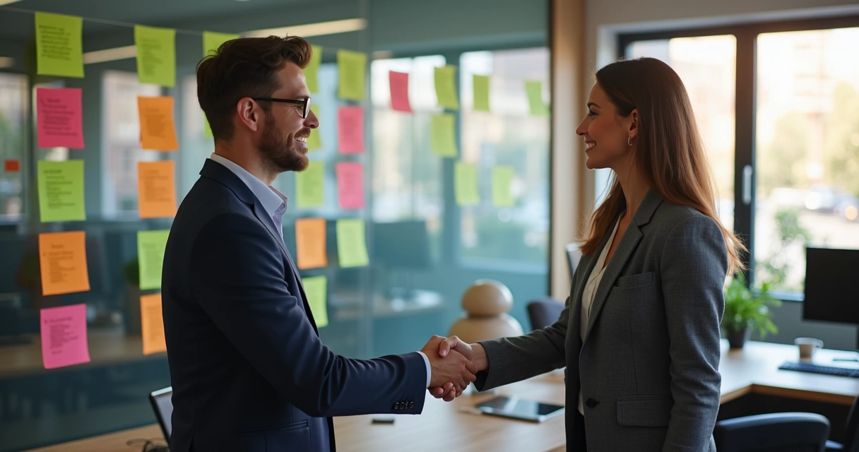 Dois sócios apertando as mãos em ambiente de startup com mural de post-its ao fundo