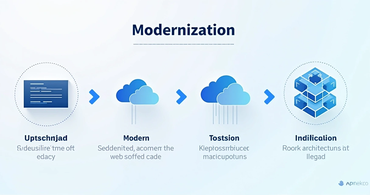 Diagrama mostrando modernização de sistema legado para arquitetura moderna em etapas. 