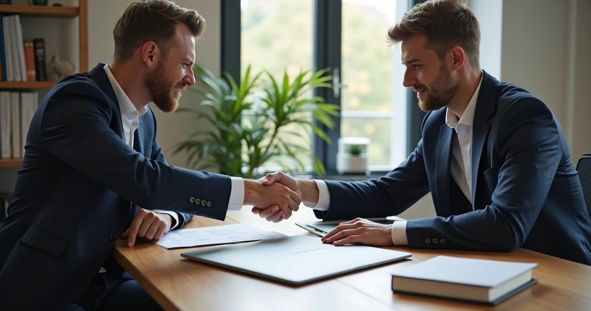 Fundadores de uma startup assinando acordo societário em reunião
