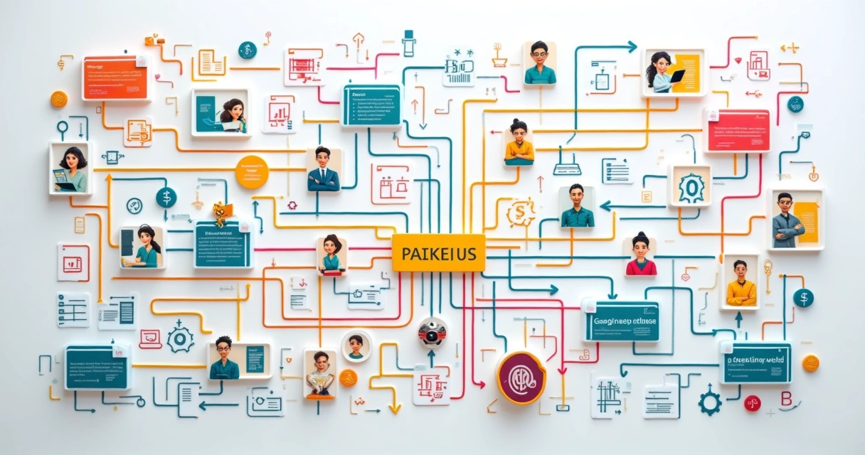 Mapa visual de processos empresariais com ícones e setas conectando etapas 