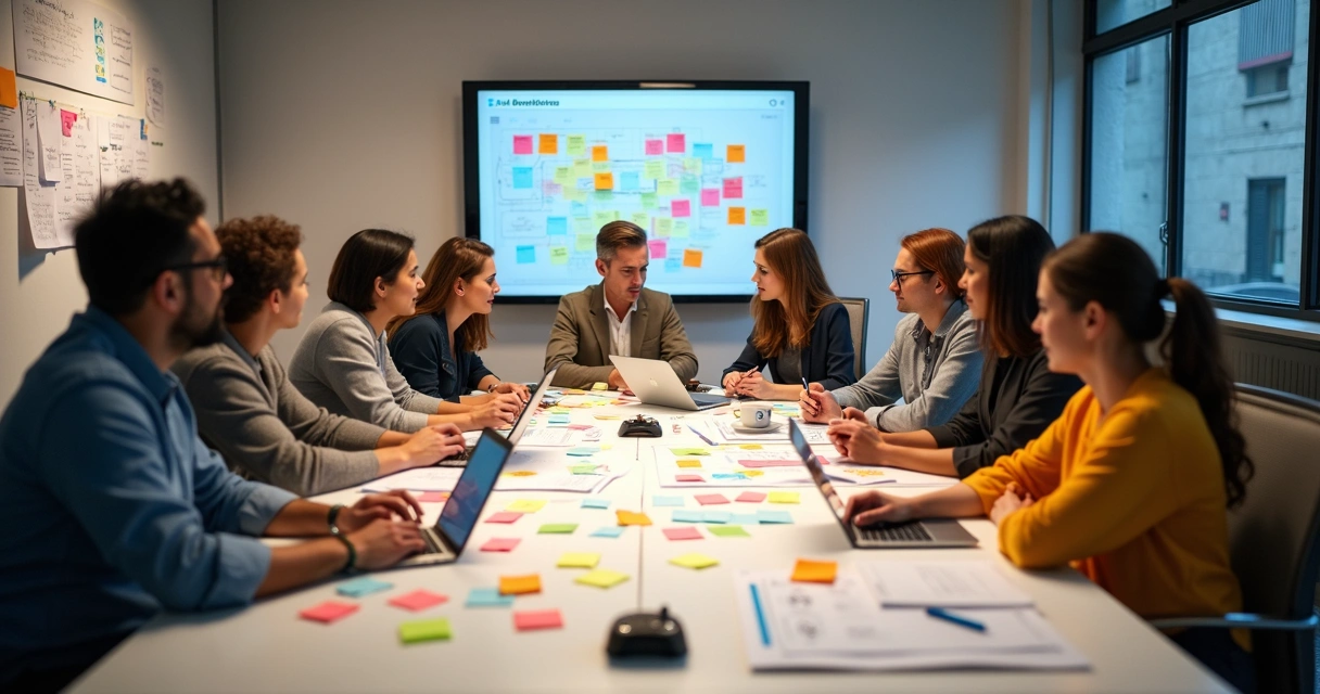Reunião de equipe analisando quadros e post-its em planejamento digital 