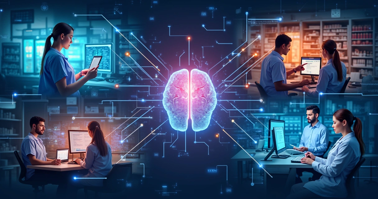 Várias áreas profissionais em mosaico mostrando tecnologia de IA 