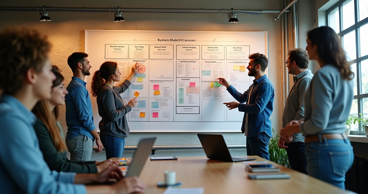 Fundadores analisando um Business Model Canvas na parede 