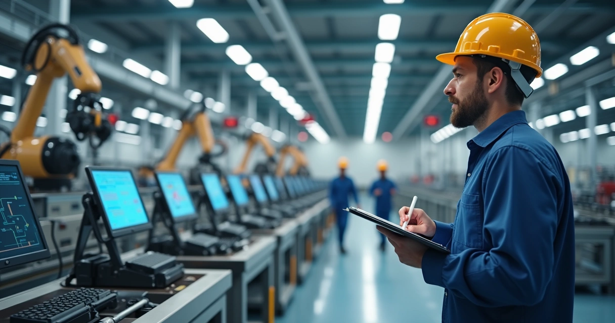 Pessoa analisando fluxos industriais em uma prancheta, diante de equipamentos industriais modernos 