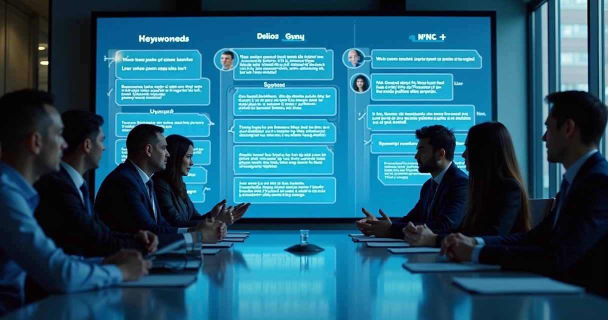 Executivos usando tela com exemplos de processamento de linguagem 