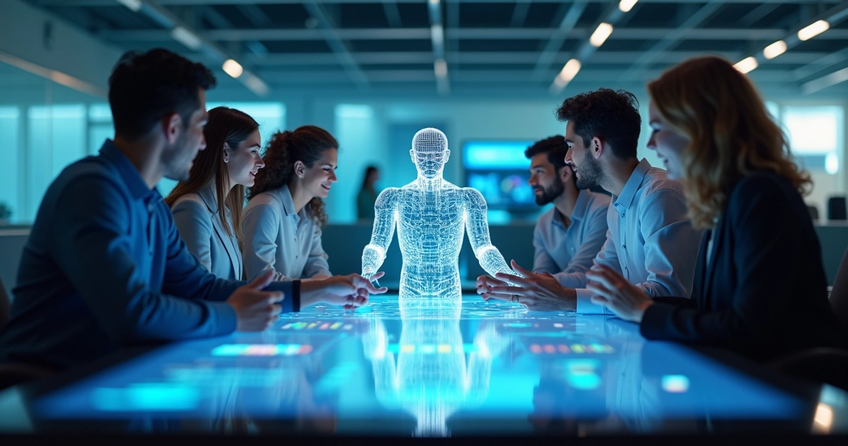 Equipe de pessoas trabalhando junto a um agente de IA virtual sobre uma mesa digital 