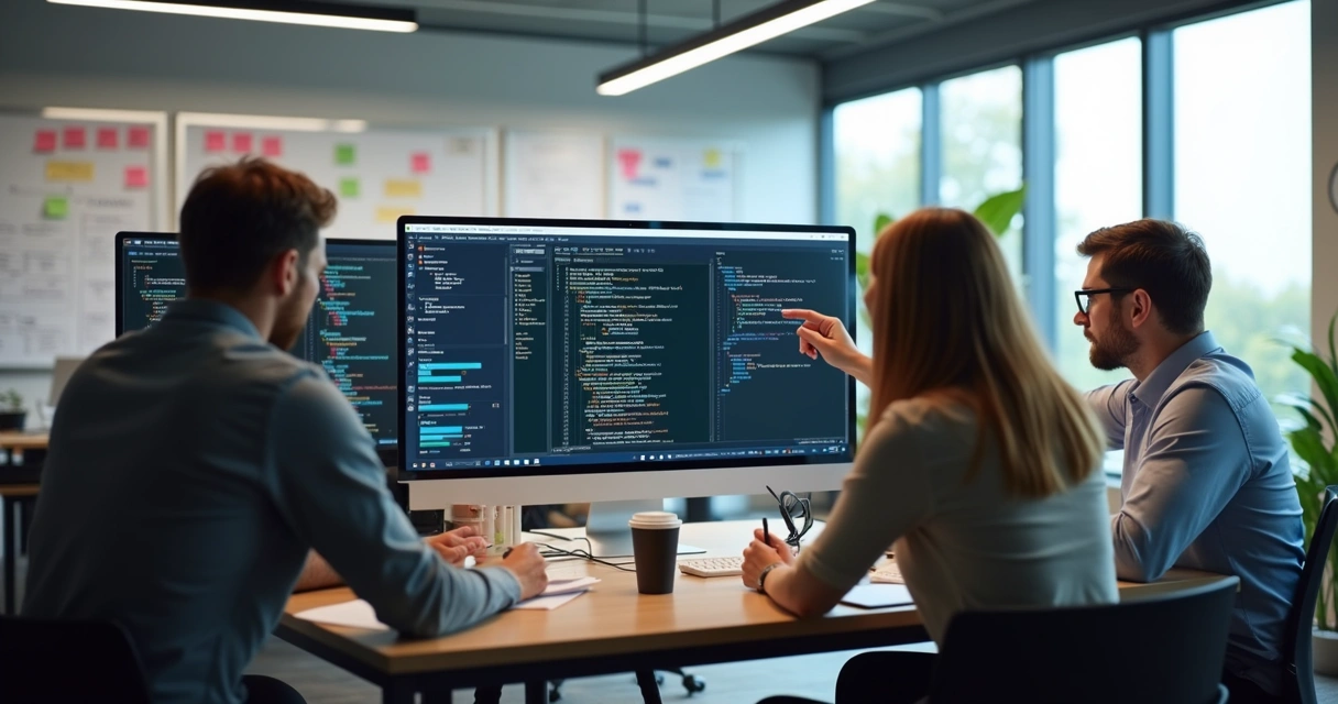 Equipe de desenvolvimento discutindo automação de testes em telas de computador 