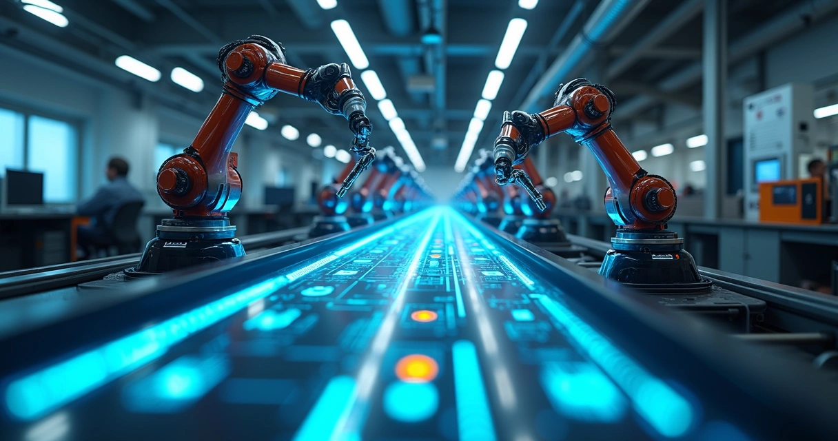 Linha de produção digital com braços robóticos automatizando tarefas repetitivas 