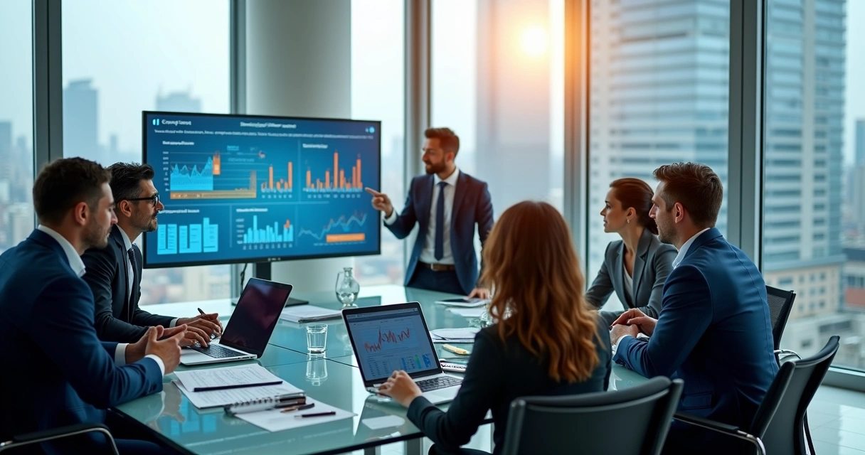 Gestores reunidos analisando gráficos de dados digitais em um escritório moderno 