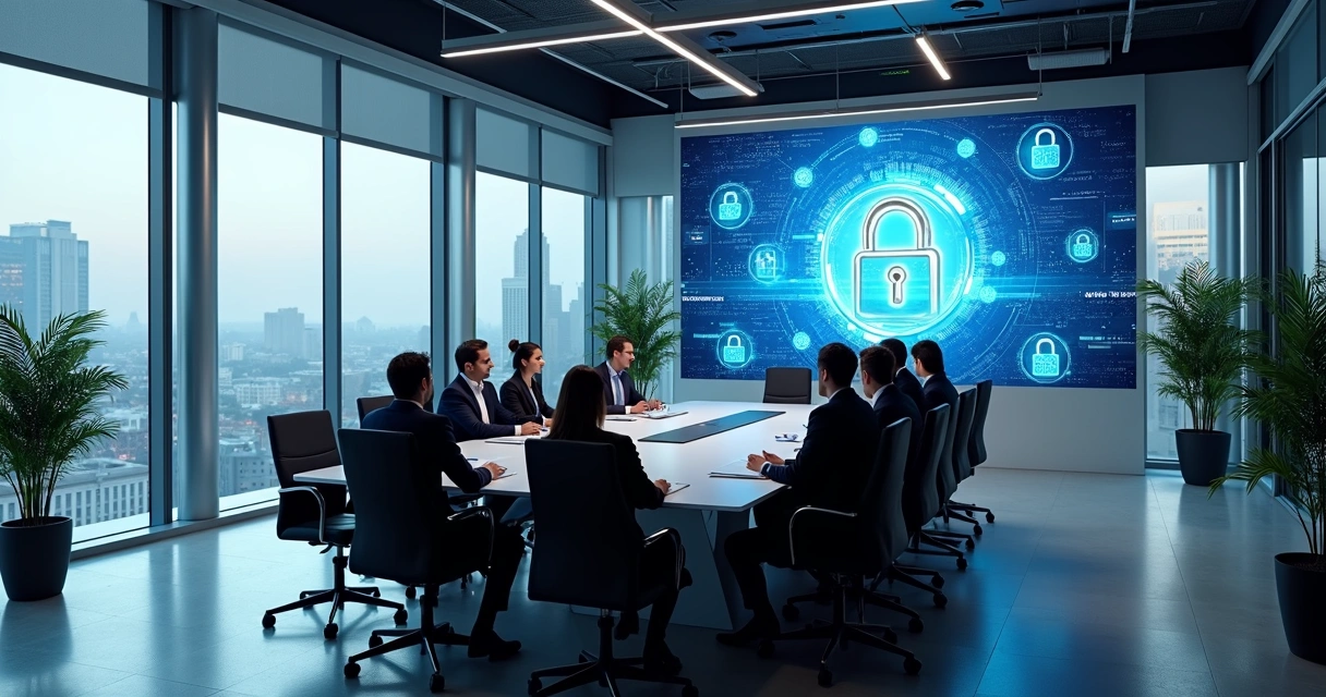 Escritório de advocacia moderno com proteção digital e equipe atenta 