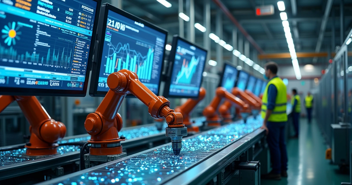 Linha de produção industrial com robôs automatizados 