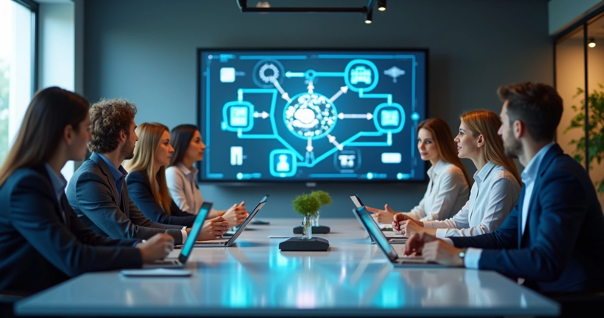 Profissionais de TI reunidos em uma mesa, analisando gráficos e fluxogramas digitais. 