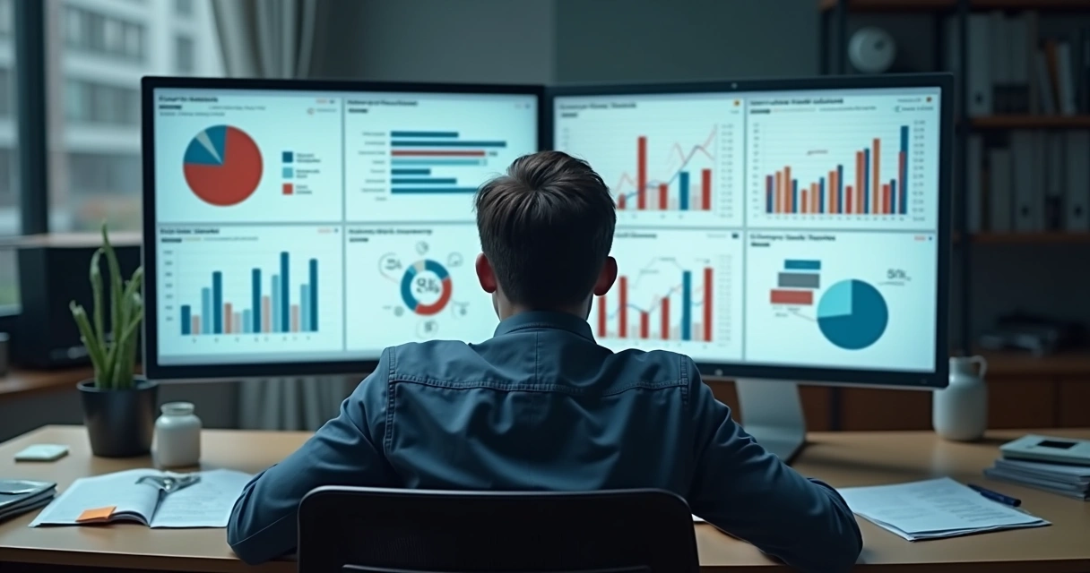 Executivo preocupada analisando gráficos inconsistentes na tela de computador 